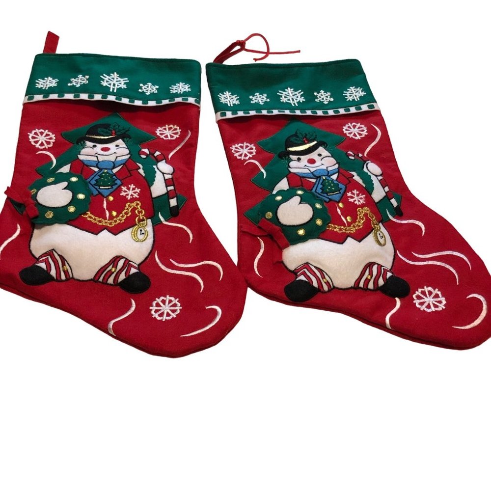 Lot 2 Snowman Christmas stockings Christmas Tree Snow Flake Mantel Fireplace Vtg